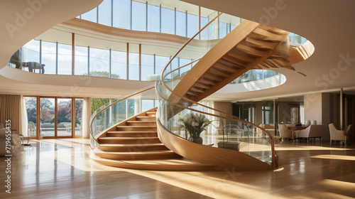 A sweeping light oak staircase with glass balustrades, set in a large, luminous room with high ceilings.