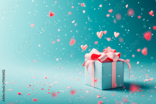 Mystery gift box with ribbon on solid bold background. Isometric view of present or giftbox with bow, © boule1301