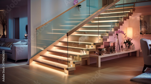 A trendy light maple staircase with clear glass sides, LED strip lighting under the handrails adding a cozy touch to a chic, spacious interior.