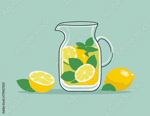 Refreshing lemonade illustration. Glass with straw and pitcher with lemons and ice cubes. Retro style illustration with vintage texture