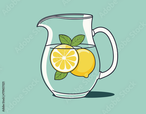 Refreshing lemonade illustration. Glass with straw and pitcher with lemons and ice cubes. Retro style illustration with vintage texture
