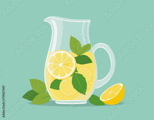 Refreshing lemonade illustration. Glass with straw and pitcher with lemons and ice cubes. Retro style illustration with vintage texture