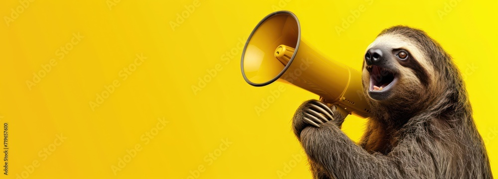 Obraz premium A sloth shouts into Megafon