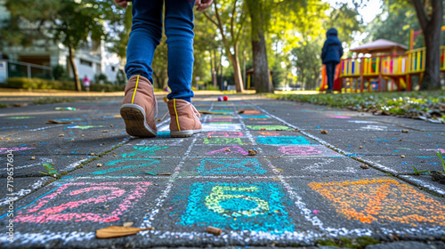 Sidewalk chalk drawings of hopscotch, tic-tac-toe, and colorful doodles, symbolizing simple outdoor play. Generative AI