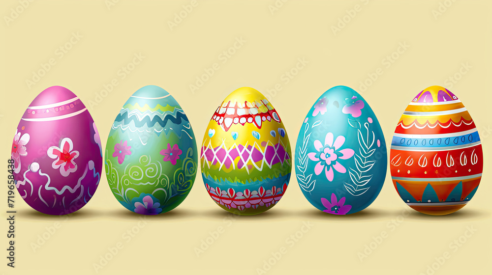Colorful Easter Eggs on Yellow Background