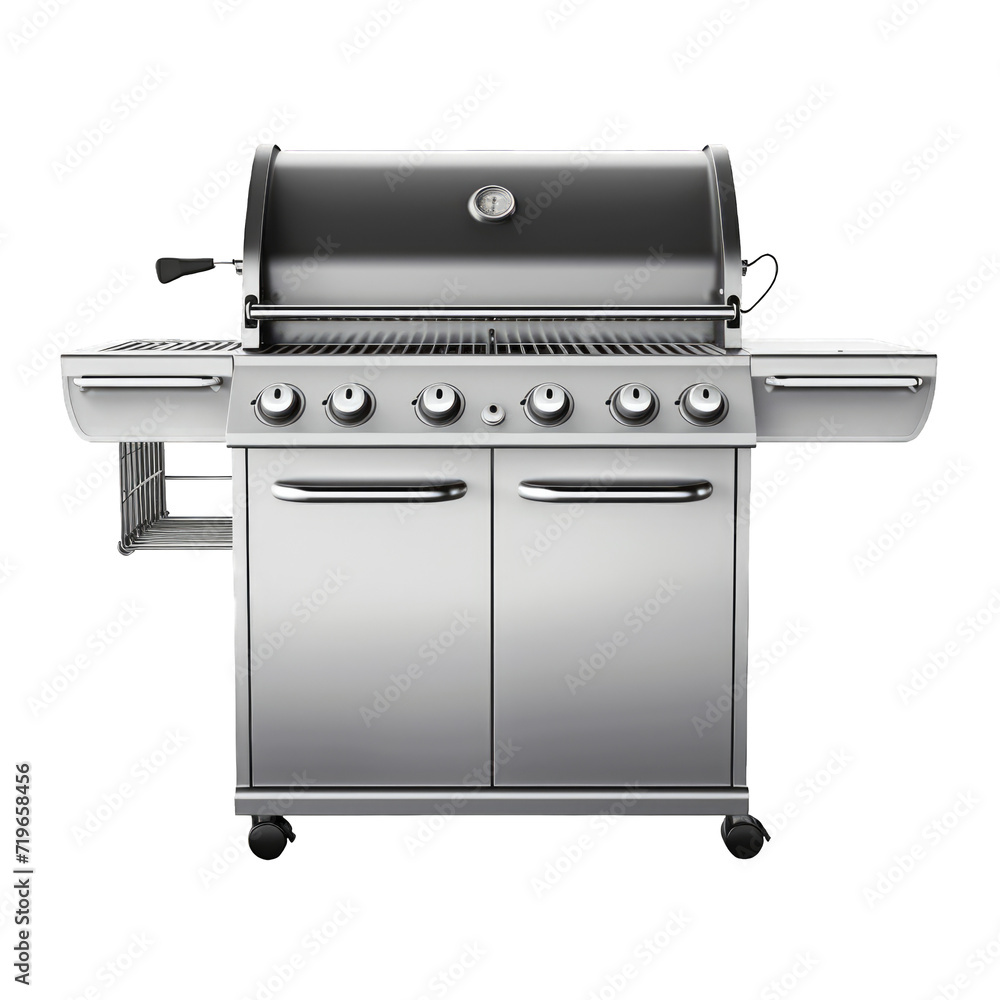 Front view of a modern metal barbecue isolated on a cutout PNG transparent background Front view of a modern metal barbecue isolated on a cutout PNG transparent background