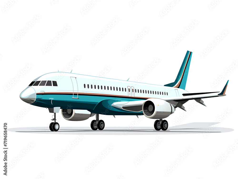 Cartoon illustration of a commercial jet airliner on white background. Stylized passenger airplane illustration in colors. Cartoon illustration of a commercial jet airliner on white background. Stylized passenger airplane illustration in colors.