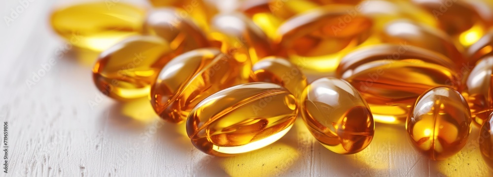 Multiple Fish Oil Capsules Arranged on Table Multiple Fish Oil Capsules Arranged on Table