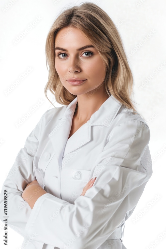 Woman in White Lab Coat Posing for Picture Woman in White Lab Coat Posing for Picture
