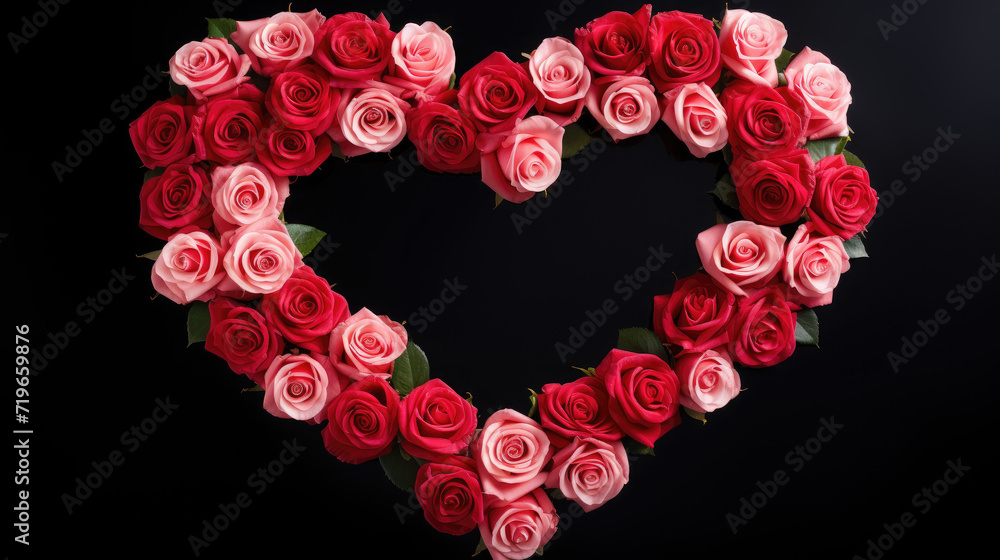 A heart frame from roses roses on black background, valentines day concept.