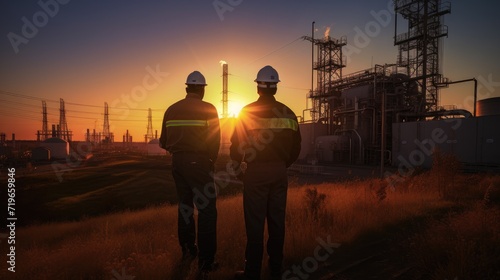 Power Industry Team: engineers surveying a power tower and substation at sunset, symbolizing dedication and progress © pvl0707