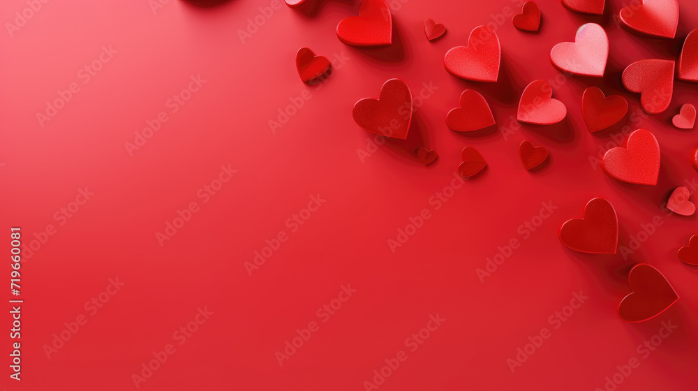 hearts on red background, top view with copy space, valentines day concept