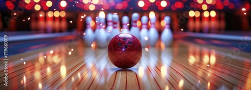 Red Bowling Ball on Top of Bowling Alley