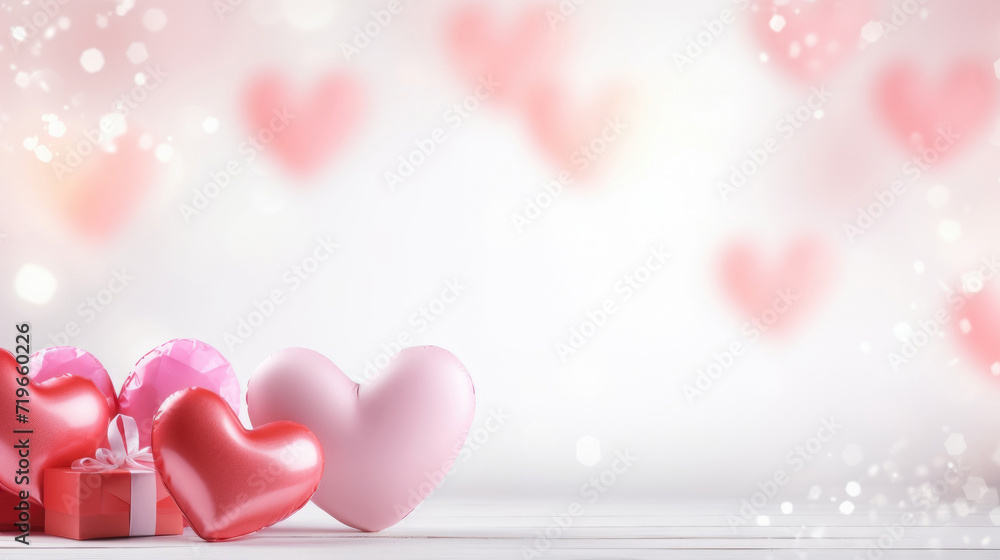 gift with hearts on white wooden table with bokeh background, copy space, valentines day concept