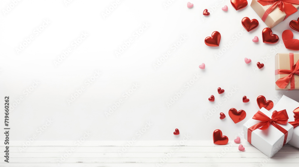 gift with hearts on white wooden table with bokeh background, copy space, valentines day concept gift with hearts on white wooden table with bokeh background, copy space, valentines day concept
