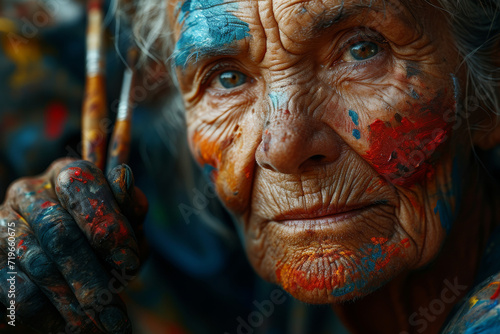 Close up portrait of beautiful artist with paint on face © VertigoAI