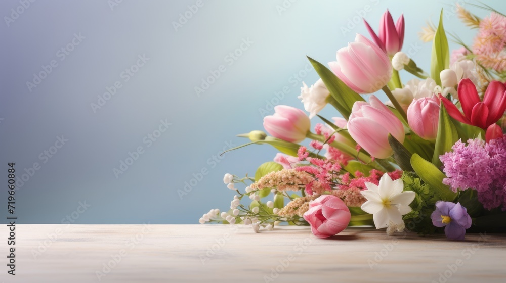 spring flowers bouquet on wooden table with blue color bokeh background copy space