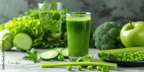 Glass of celery healthy green juice arranged with a variety of green foods