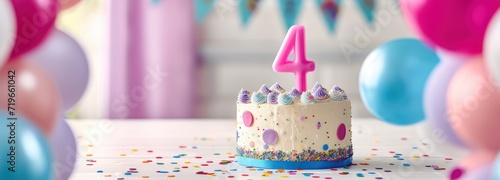 Colorful Birthday Cake With Candle Surrounded by Balloons