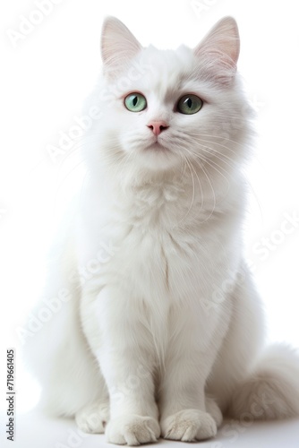White Cat With Green Eyes Sitting Down © FryArt Studio