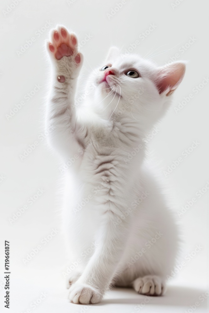 White Cat Raising Paw in the Air
