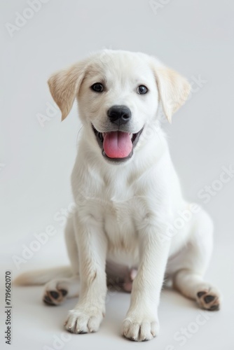 White Dog With Pink Tongue Sitting Down © FryArt Studio