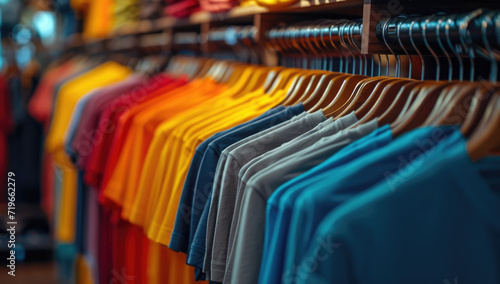 plain t-shirts of different colors hang on a hanger, store interior blur photo