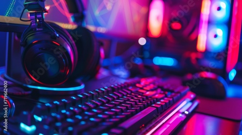 close up of cyber sport RGB powerful personal computer and headsets