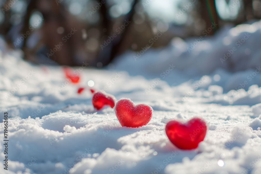 Fototapeta premium Poster or banner of two hearts sitting on the snow covered ground under light. Vibe of Valentine day and romantic