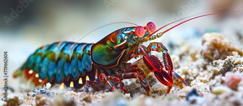 Peacock mantis shrimp painted mantis shrimp clown mantis shrimp or rainbow mantis shrimp Odontodactylus scyllarus Mindoro Philippines. Copy space image. Place for adding text photo