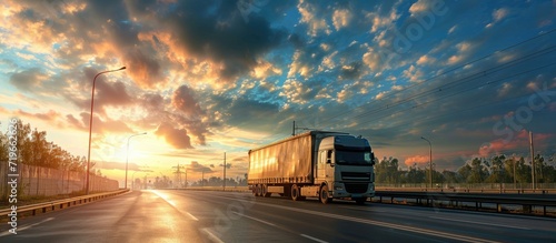 Transportation trucks passing by on a country highway under a beautiful sky Business Transportation And Trucking Industry. Copy space image. Place for adding text