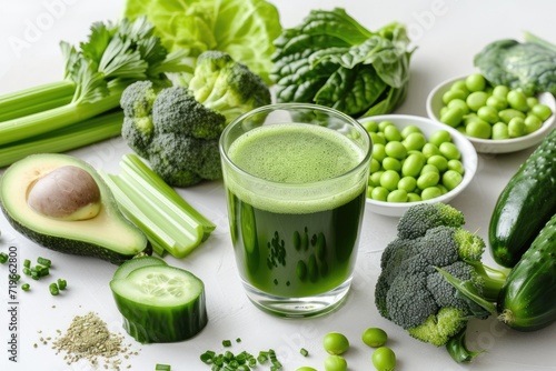 Glass of celery healthy green juice arranged with a variety of green foods