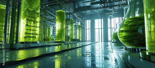Photobioreactor in laboratory of algae fuel biofuel industry project Algae research in industrial laboratories for medicine. Copy space image. Place for adding text photo