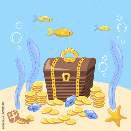 Closed treasure chest, golden coins with gems and old key at the bottom of the sea. Cartoon vector illustration for card, print, poster.