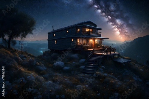 Nightfall around a mobile home on top of a majestically beautiful hill, where the twinkling stars overhead form a celestial canopy for the isolated abode.