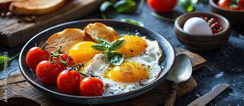 Portion of gourmet breakfast with poached eggs and tomatoes. Copy space image. Place for adding text