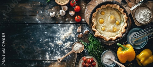 Preparation of shortcrust pastry ingredients for shortcrust pastry Quiche vegetable pie Pie recipe Vegetable tart. Copy space image. Place for adding text photo