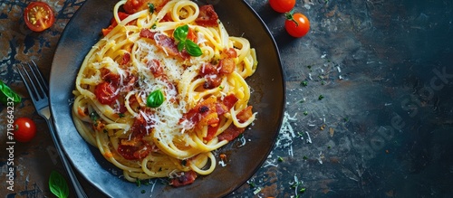 Pasta carbonara with bacon and parmesan on a plate top view. Copy space image. Place for adding text