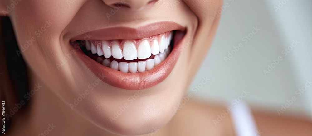 Obraz premium Perfect healthy teeth smile of a young woman Teeth whitening Dental clinic patient Image symbolizes oral care dentistry stomatology. Copy space image. Place for adding text