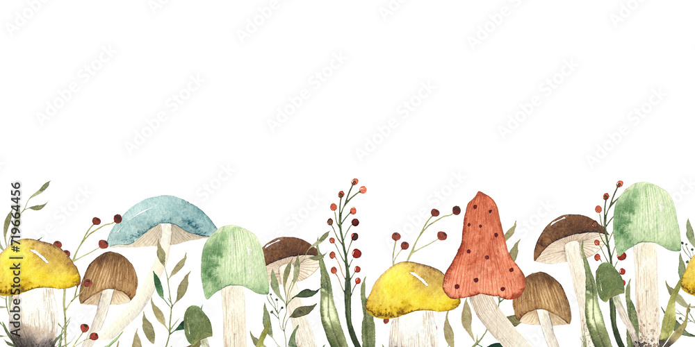 mushroom fairy tale border autumn series illustration fungus hand drawn  - obrazy, fototapety, plakaty 