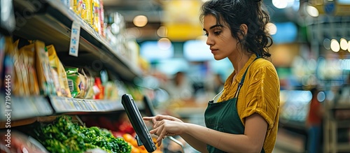 Young smiling shop assistant using a touchscreen pos terminal point in a greengrocery store Beautiful female greengrocer using point of sale cash register. Copy space image. Place for adding text
