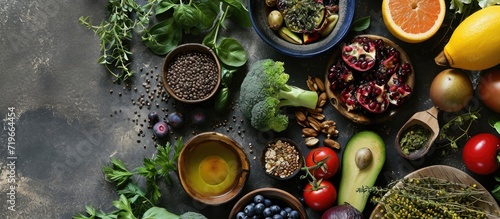 Superfoods vegetables fruits seeds legumes nuts and grains for vegan and vegetarian eating Clean eating Detox dieting food concept Panorama Banner. Copy space image. Place for adding text