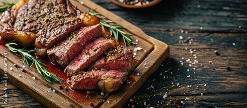 Ribeye steak slices with salt and rosemary on a wooden serving board. Copy space image. Place for adding text