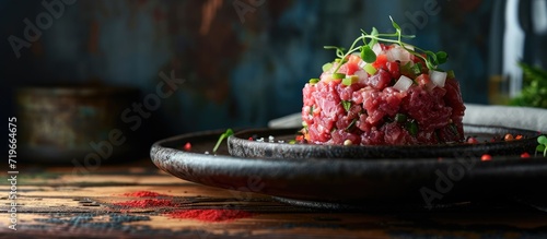 Tasty beef tartare with gherkin and chives Full of protein Source of protein and minerals. Copy space image. Place for adding text