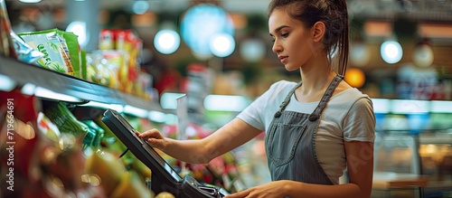 Young smiling shop assistant using a touchscreen pos terminal point in a greengrocery store Beautiful female greengrocer using point of sale cash register. Copy space image. Place for adding text