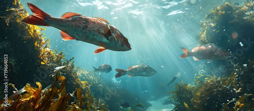 Red Roman Seabream in False Bay kelp forest. Copy space image. Place for adding text © Ilgun