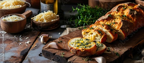Tasty bread with garlic cheese and herbs on kitchen table. Copy space image. Place for adding text