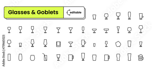 Set of editable icons: glasses & goblets (glassful, chalice, bell, drop, wine, martini, vodka, drink) (ID: 719665023)