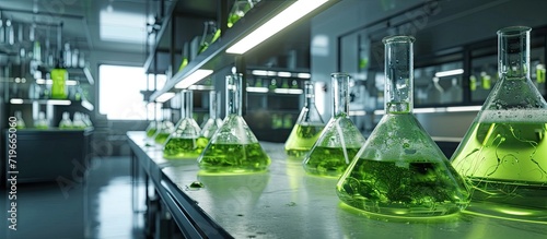 Photobioreactor in laboratory of algae fuel biofuel industry project Algae research in industrial laboratories for medicine. Copy space image. Place for adding text