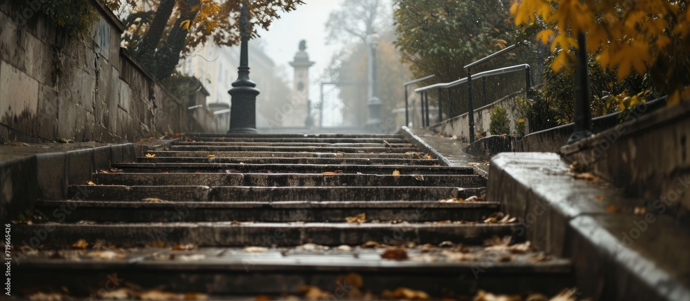 Obraz na płótnie Selective blur on water of rain dripping and splashing on stairs in the city center of belgrade Serbia during a rainy afternoon of autumn during a bad weather episode. Copy space image w salonie
